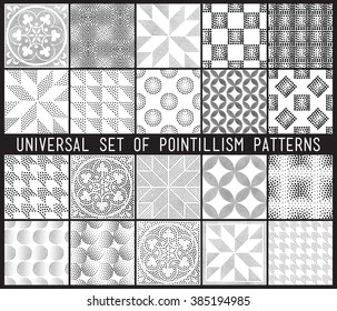 Vector geometric seamless pattern set. Repeating striped line abstract circles gradation in black and white. Modern halftone circle design, pointillism