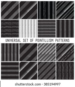 Vector geometric seamless pattern set. Repeating striped line abstract circles gradation in black and white. Modern halftone circle design, pointillism