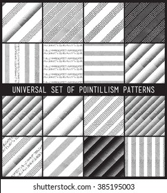 Vector geometric seamless pattern set. Repeating striped line abstract circles gradation in black and white. Modern halftone circle design, pointillism