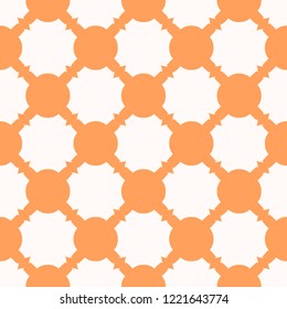 Vector geometric seamless pattern. Simple background with grid, net, lattice, circles, squares, repeat tiles. Simple abstract ornamental texture in white and orange color. Design for decor, textile