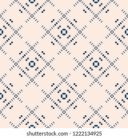 Vector geometric seamless pattern. Simple background with small squares, crosses, grid, repeat tiles. Abstract ornamental texture in deep blue and beige color. Design for decor, textile, wallpapers