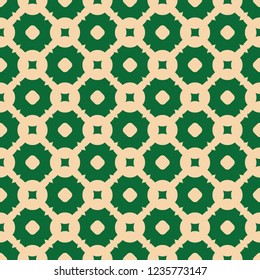 Vector geometric seamless pattern. Simple ornament with small carved shapes, grid, net, circles, squares, repeat tiles. Abstract background texture in dark green and beige colors. Retro style design