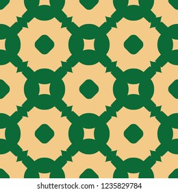 Vector geometric seamless pattern. Simple ornament with grid, lattice, mesh, net, circles, squares, repeat tiles. Abstract background texture in dark green and beige colors. Retro vintage style design