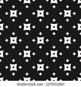Vector geometric seamless pattern. Simple minimalist floral texture. Black and white abstract graphic background. Modern minimal ornament with small flowers, squares. Dark monochrome repeat design 