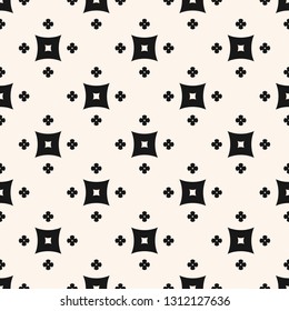 Vector geometric seamless pattern. Simple minimalist floral texture. Black and white abstract graphic background. Minimal ornament with small flowers, squares. Monochrome repeated decorative design 
