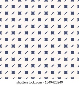 Vector geometric seamless pattern. Simple abstract texture with small squares, diagonal lines, strokes. Navy blue and white color. Subtle minimalist background. Repeating design for decor, textile