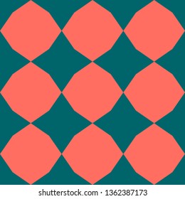 Vector geometric seamless pattern. Simple abstract checkered texture with diamond shapes, rhombuses, stars. Trendy colors, dark green and living 
coral. Minimal funky background. Modern repeat design