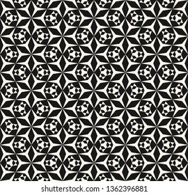 Vector geometric seamless pattern. Simple ornament with small triangles, diamonds, flower silhouettes, grid, net, lattice, repeat tiles. Black and white ornament texture. Abstract minimal background