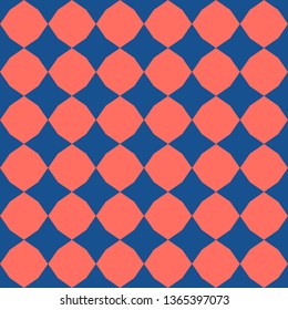 Vector geometric seamless pattern. Simple abstract checkered texture with diamond shapes, rhombuses, stars. Trendy colors, blue and living coral. Minimalist funky background. Modern stylish design
