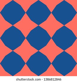 Vector geometric seamless pattern. Simple abstract checkered texture with diamond shapes, rhombuses, stars. Trendy colors, blue and living coral. Minimalist funky background. Modern repeatable design