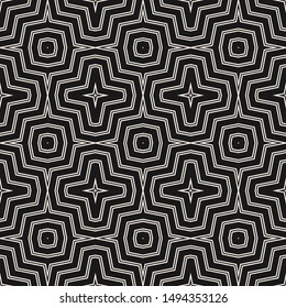 Vector geometric seamless pattern. Simple monochrome texture with zig zag lines, stripes, chevron, crosses, tiles. Modern abstract geometry. Black and white graphic background. Stylish dark design