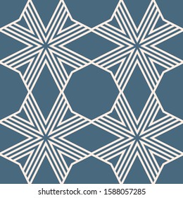 Vector geometric seamless pattern. Simple linear background with stripes, lines, grid, net, mesh, lattice. Abstract blue and beige texture. Stylish repeat design for decor, print, textile, furniture