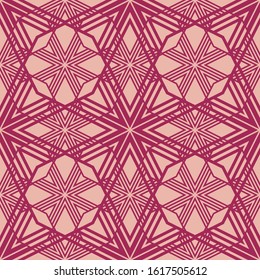 Vector geometric seamless pattern. Simple linear background with stripes, diagonal lines, grid, net, mesh, lattice. Abstract texture in maroon and peach color. Repeat design for decor, print, textile