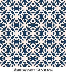 Vector geometric seamless pattern. Simple ornament with small flower shapes, diamonds. Elegant retro vintage background. Dark blue and beige color. Texture in oriental style. Repeat design for print