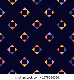 Vector geometric seamless pattern. Simple abstract ornament with small diamond shapes, squares, triangles. Stylish ornament with colorful particles on dark blue background. Minimal repeat texture