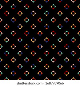 Vector geometric seamless pattern. Simple abstract ornament with small diamond shapes, squares, triangles. Stylish ornament with colorful particles on black background. Minimal texture. Repeat design