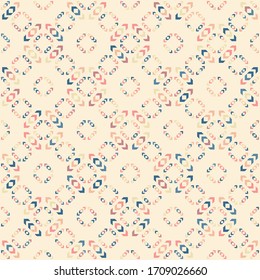 Vector geometric seamless pattern. Simple abstract ornament with small diamond shapes, rhombuses, arrows. Stylish colorful ornamental background. Elegant vintage texture. Repeat decorative design