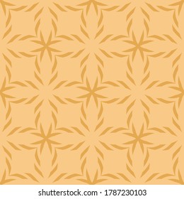 Vector geometric seamless pattern. Simple ornament texture with crosses, lines, flower shapes, grid, lattice. Elegant floral background. Mustard yellow color. Repeat design for decor, cloth, wallpaper