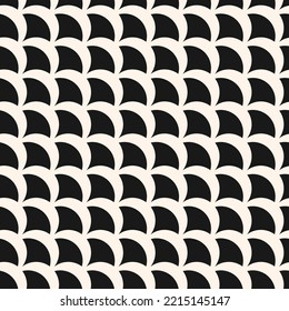 Vector geometric seamless pattern. Simple abstract black and white background with curved shapes, fish scale, peacock ornament, diagonal mesh. Monochrome geo texture. Repeat design for decor, cover