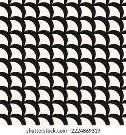 Vector geometric seamless pattern. Simple abstract black and white background with curved shapes, fish scale, peacock ornament, diagonal mesh. Modern monochrome texture. Repeat design for decor, print