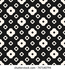 Vector geometric seamless pattern. Simple abstract minimalist background with different floral shapes, hollow rounded crosses. Black and white repeat texture. Dark modern decorative design element 