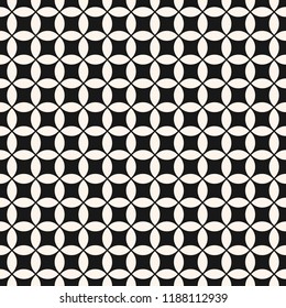 Vector geometric seamless pattern with small grid, net, mesh, lattice, weave, rounded shapes, squares, circles. Simple abstract black and white background texture. Minimal monochrome repeating design 