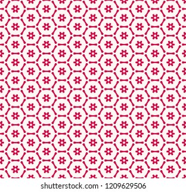 Vector geometric seamless pattern with small flower silhouettes, snowflakes, stars, hexagonal lattice, grid, mesh, net. Stylish red and white colored texture. Abstract background. Repeating design
