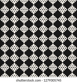 Vector geometric seamless pattern with small polka dots, checkered tiles, squares. Abstract monochrome texture. Simple black and white minimalist background. Repeat design for decor, fabric, covers