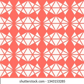 Vector geometric seamless pattern with small triangles, rhombuses, diamond shapes, grid, lattice. Simple modern abstract texture in trendy colors, coral and white. Minimal background. Repeated design