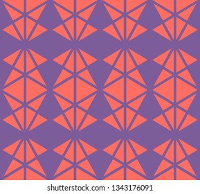 Vector geometric seamless pattern with small triangles, rhombuses, diamond shapes, grid, lattice. Simple modern abstract texture in trendy colors, living coral and purple. Colorful repeat background