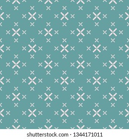 Vector geometric seamless pattern with small flowers, crosses. Elegant minimalist texture in turquoise green and pink color. Abstract minimal repeat background. Design for decor, wallpapers, textile