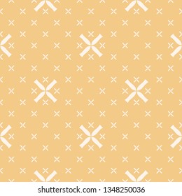 Vector geometric seamless pattern with small flowers, crosses. Elegant minimalist texture in light yellow and beige color. Abstract minimal repeat background. Organic design for decor, wallpapers