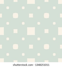 Vector geometric seamless pattern with small squares, dots. Subtle minimalist background in light green and beige color. Abstract minimal repeated texture. Vintage design for decor, fabric, wallpapers