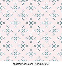 Vector geometric seamless pattern with small flowers, crosses. Elegant minimalist texture in light pink and turquoise green color. Abstract minimal repeat background. Design for decor, wallpapers