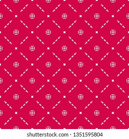 Vector geometric seamless pattern with small flower silhouettes, squares, delicate lattice, grid, mesh, net. Simple minimalist red and white texture. Elegant abstract background. Ornate festive design