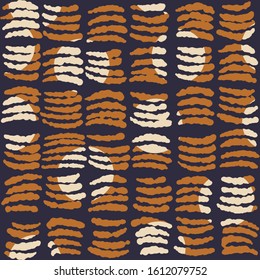 Vector geometric seamless pattern with small imperfect squares and cirlcles, imitating fabric stitched or embroidered texture, dark earthy colors - blue, ocher, beige. 3 colors.