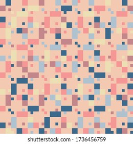 Vector geometric seamless pattern with small colorful squares. Pixel art. Cute funky texture. Simple abstract multicolor background. Yellow, pink, peach, blue color. Modern repeat design for decor