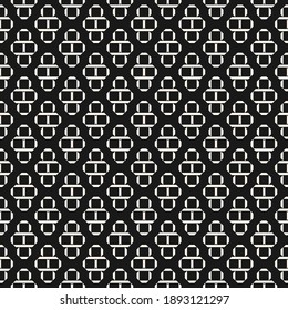 Vector geometric seamless pattern with small square shapes, diamonds, lines, grid. Simple minimal black and white geometrical background. Abstract monochrome texture. Dark repeat decorative design