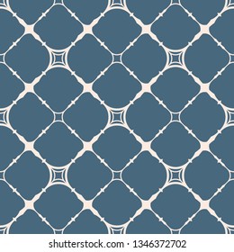 Vector geometric seamless pattern with square grid, net, mesh, lattice, thin diagonal cross lines. Simple abstract blue and beige background. Elegant ornament texture. Repeat design for decor, cloth