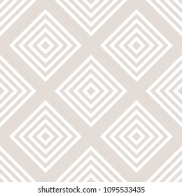 Vector geometric seamless pattern with squares, rhombuses, grid, lattice. Abstract white and beige graphic ornament. Modern linear background. Subtle elegant texture. Repeat design for decor, textile