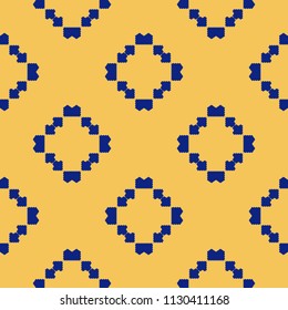Vector geometric seamless pattern with squares, jagged shapes, repeat tiles. Ethnic folk ornament. Tribal motif. Abstract navy blue and yellow background. Simple ornamental texture. Elegant design