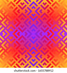 Vector geometric seamless pattern with squares, rhombuses, arrows, grid, lattice. Abstract colorful graphic ornament. Bright futuristic gradient. Modern endless background texture. Repeat geo design