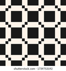 Vector geometric seamless pattern with squares, grid, net, grill, tiles. Abstract black and white texture. Minimal monochrome ornament background. Pixel art. Repeat design for decor, wallpaper, print