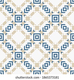 Vector geometric seamless pattern with squares, triangles, rhombuses, grid. Ethnic ornament. Tribal motif. Abstract background texture with simple shapes. Gold, blue and white color. Repeat design