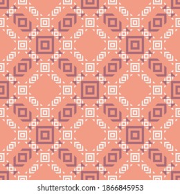 Vector geometric seamless pattern with squares, triangles, rhombuses, grid. Ethnic ornament. Tribal motif. Abstract background texture with simple shapes. Pink, coral, white color. Repeat design  