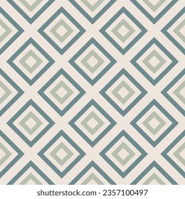 Vector geometric seamless pattern with squares, rhombuses, grid, lattice. Abstract graphic ornament in beige, teal and sage green color. Modern checkered background. Simple elegant repeated texture