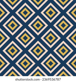 Vector geometric seamless pattern with squares, rhombuses, grid. Abstract graphic ornament in navy blue, yellow and beige color. Retro style checkered background. Simple elegant repeated texture