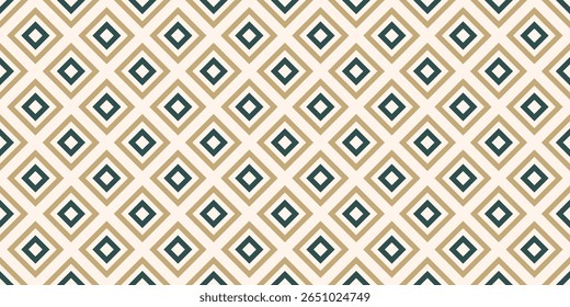 Vector geometric seamless pattern with squares, rhombuses, modular grid. Abstract ornament. Dark green, gold, beige color. Retro vintage style checkered background texture. Simple repeated geo design
