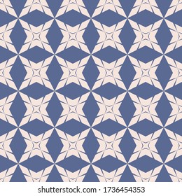 Vector geometric seamless pattern with star shapes, crosses, diamonds, rhombuses, grid, net, lattice. Simple geometrical background texture in blue and powdery color. Stylish ornament. Repeat design