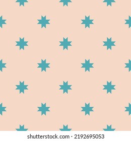 Patrón vectorial geométrico sin costuras con estrellas, siluetas de flores, cruces. Simple ornamento floral abstracto. Textura de fondo de estilo retro vintage. De color turquesa y beige. Repetir diseño decorativo